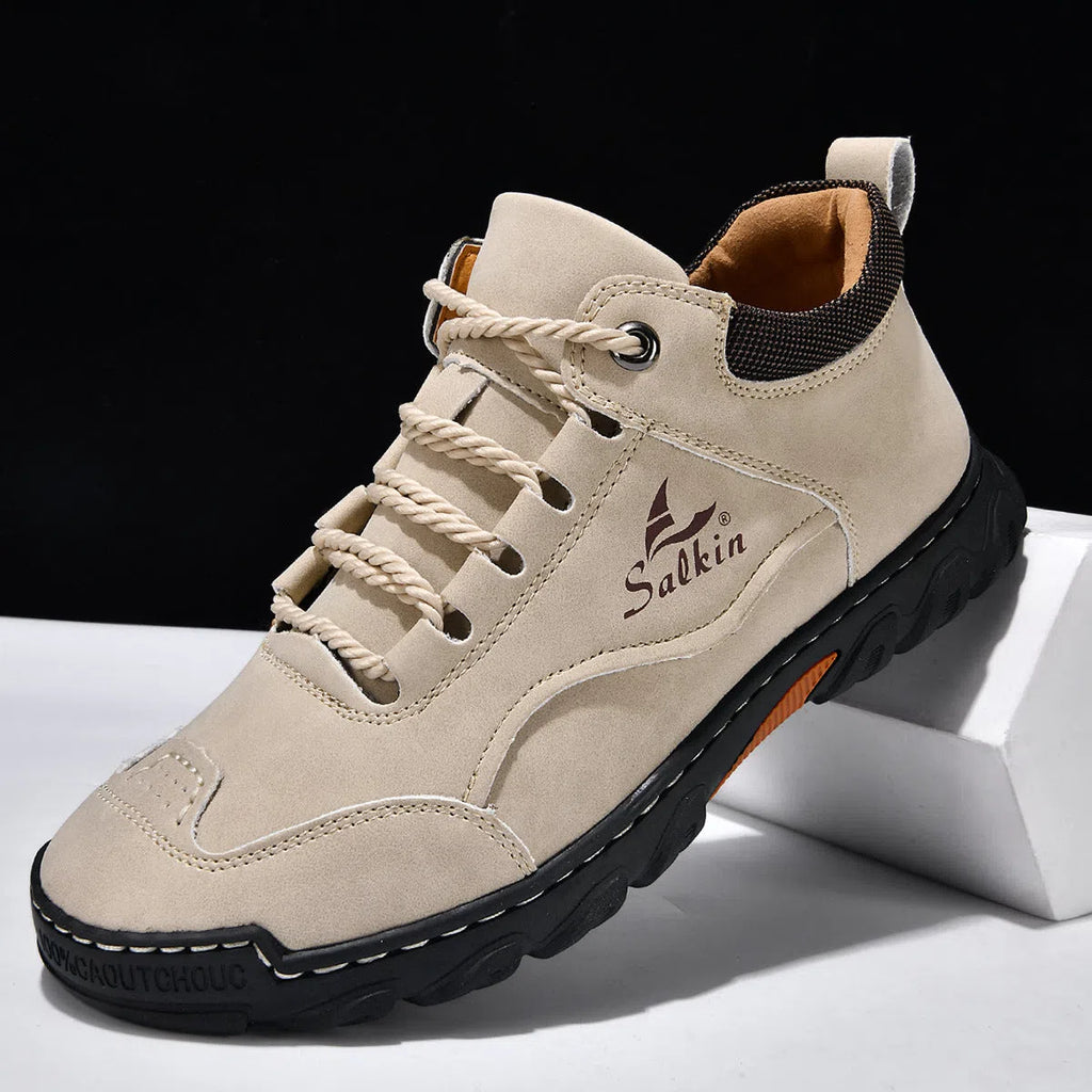 Flat lace-up casual hiking shoes in beige with PU upper, rubber sole, and round toe