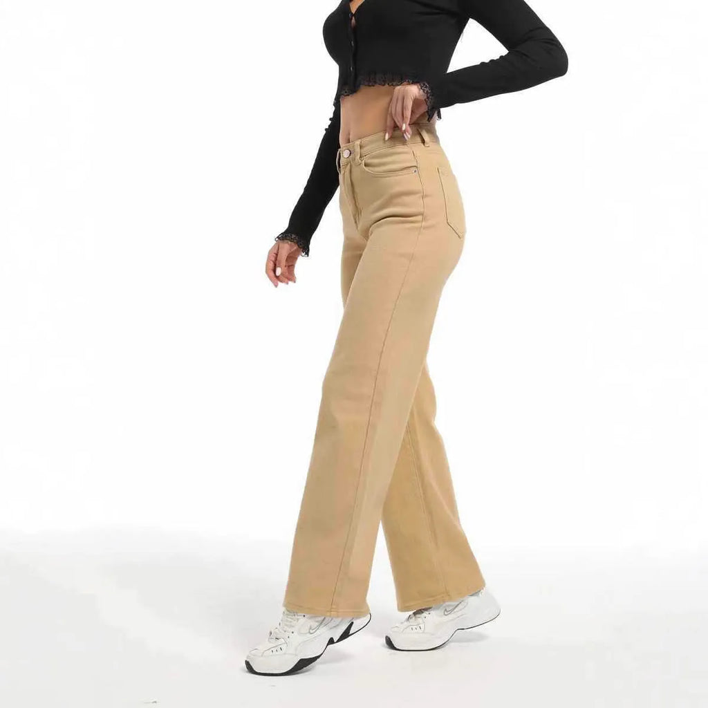 Women's high waist wide leg trousers in apricot and khaki cotton fabric with elastic waistband