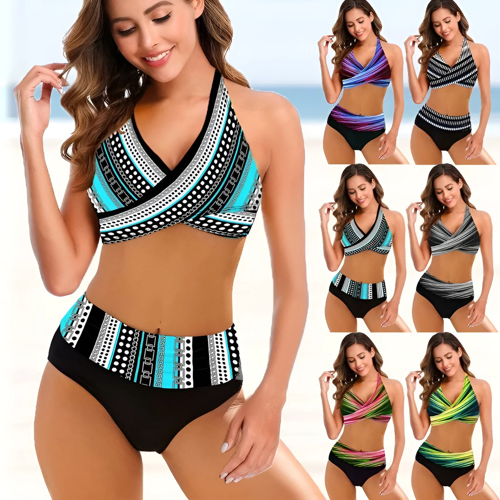 Striped tie-dye hollow design ladies bikini swimsuit in European and American briefs style