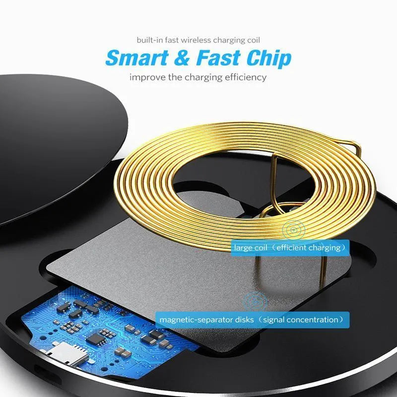 Ultra-thin black wireless fast charging pad with 9V support and 98mm square dimensions