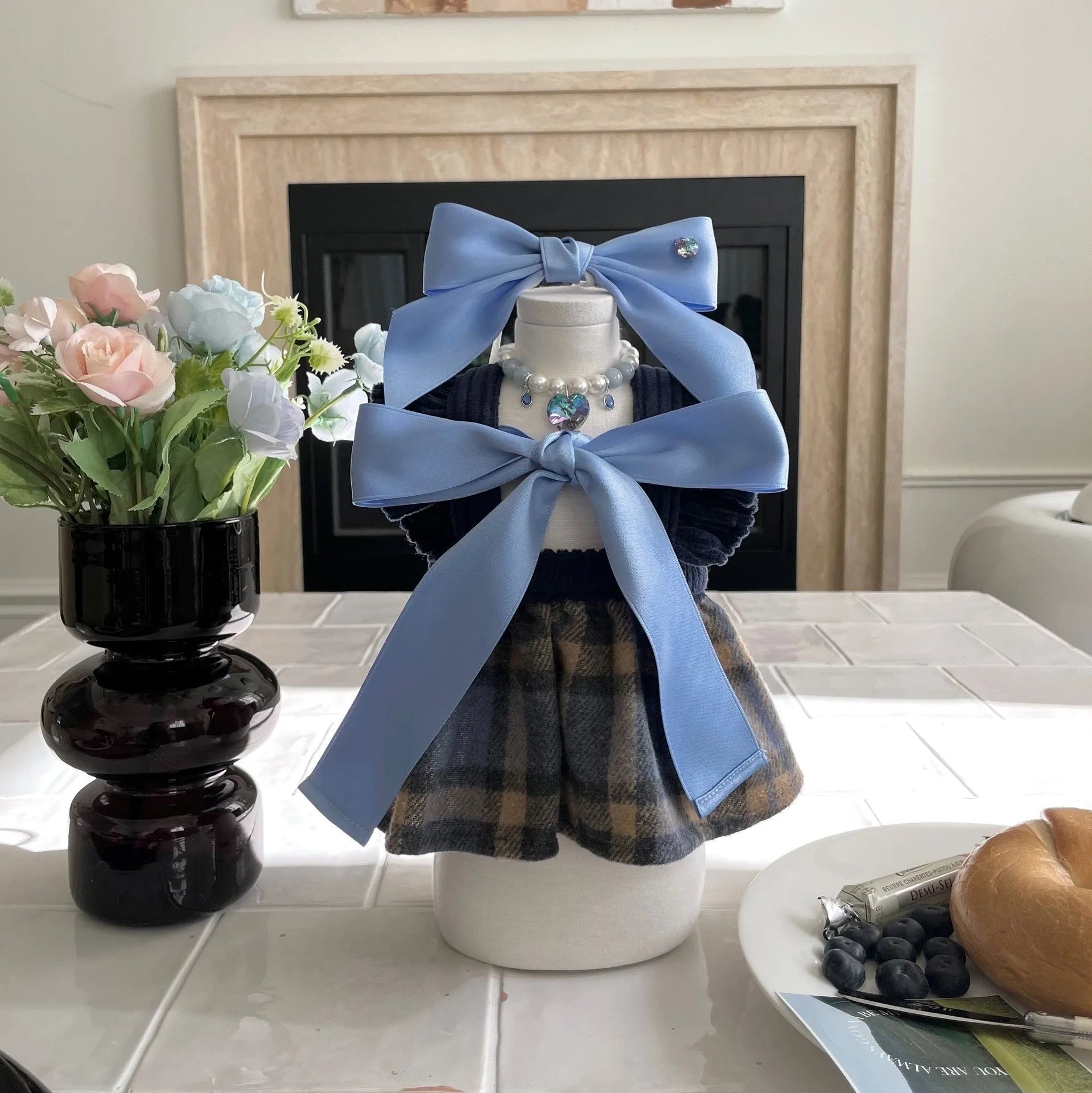 Adjustable dog hair band with princess-style bow on double-sided polyester cotton jacquard ribbon