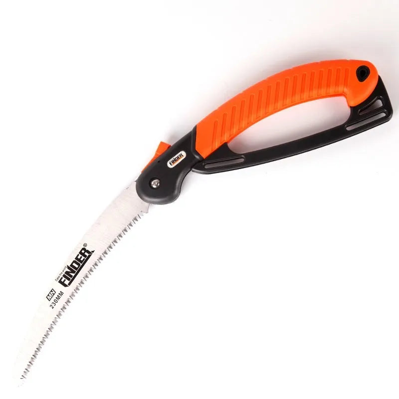 Folding garden saw with 230mm steel blade and TPR grip handle in open position