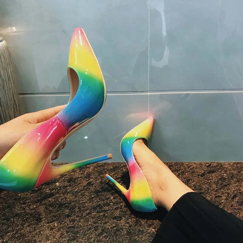Rainbow patent leather pointed toe high heels with thin stiletto heel on size chart