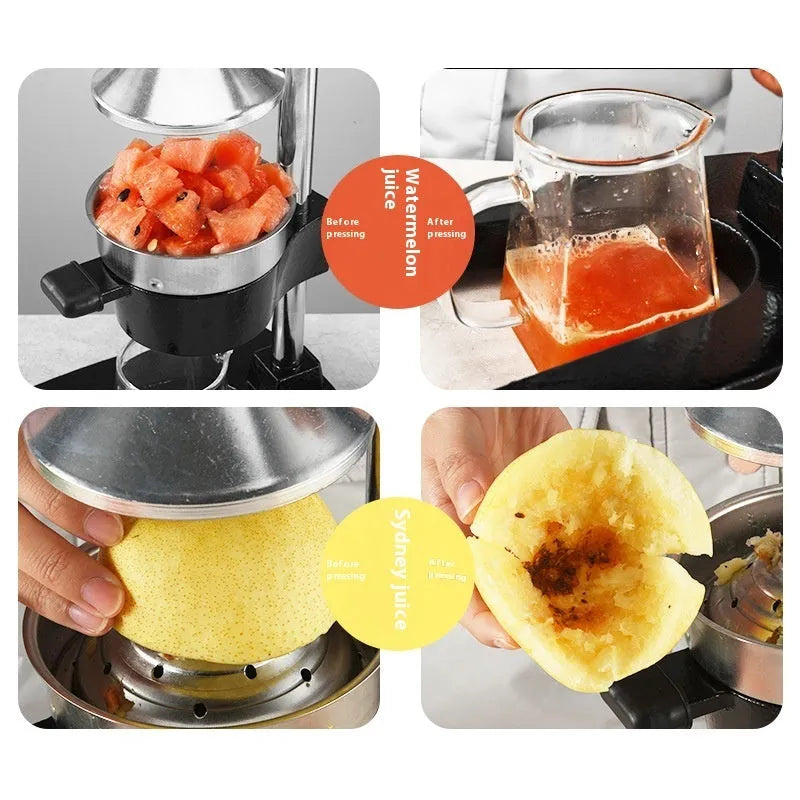 Black and white manual citrus juicer with cast iron base and stainless steel funnel
