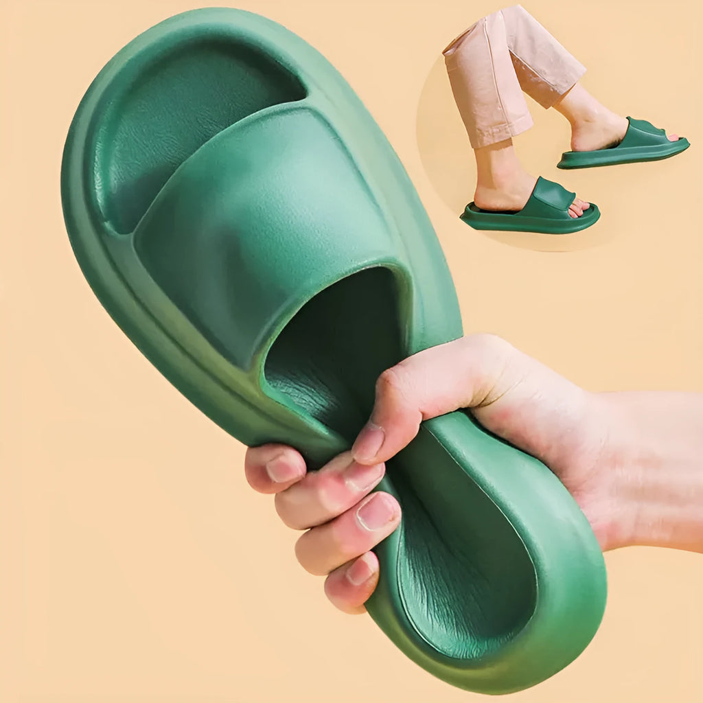 Thick-soled EVA flip-flop slippers in multiple colours on a white background.