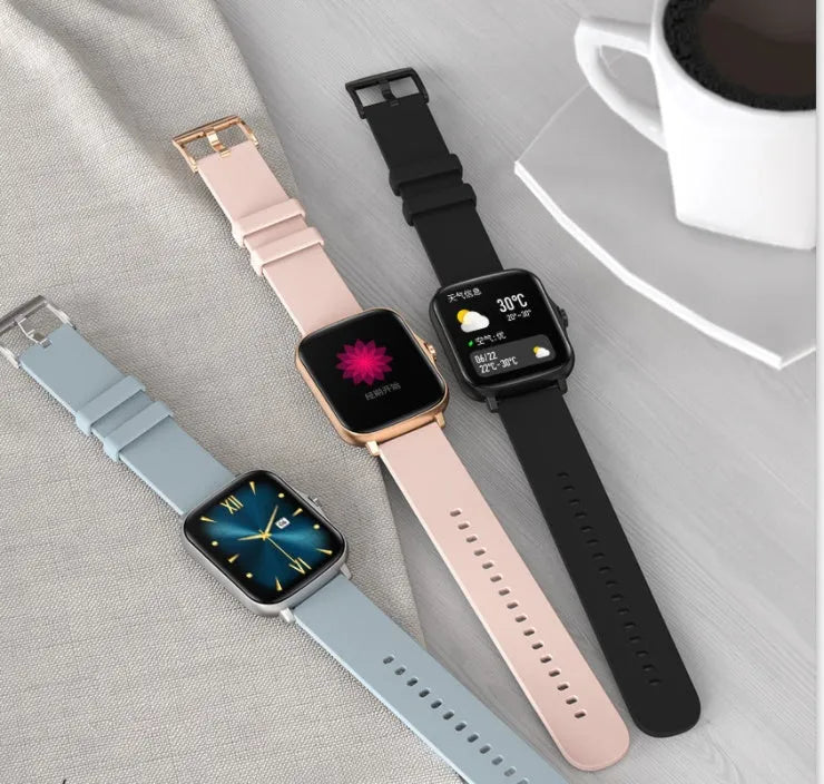 Smart watch with 1.7-inch colour touch screen on adjustable silicone strap in blue, black, or gold