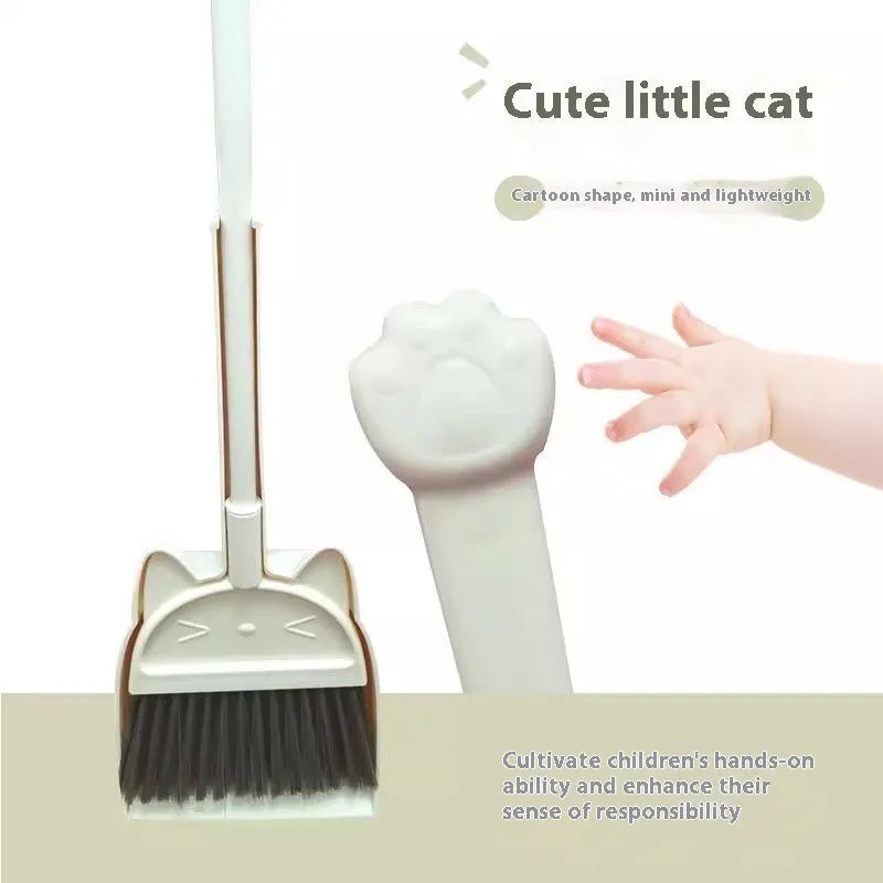 Beige plastic broom and dustpan set standing in a rotating long brush holder.
