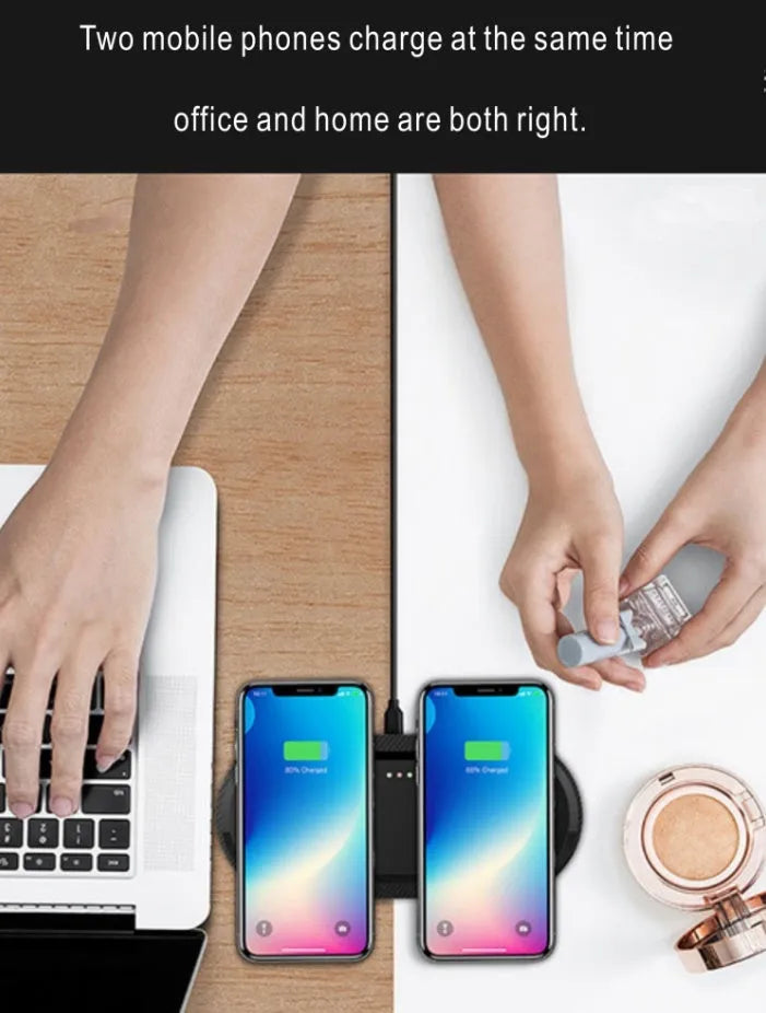 Black dual wireless charging pad charging two smartphones simultaneously on desk