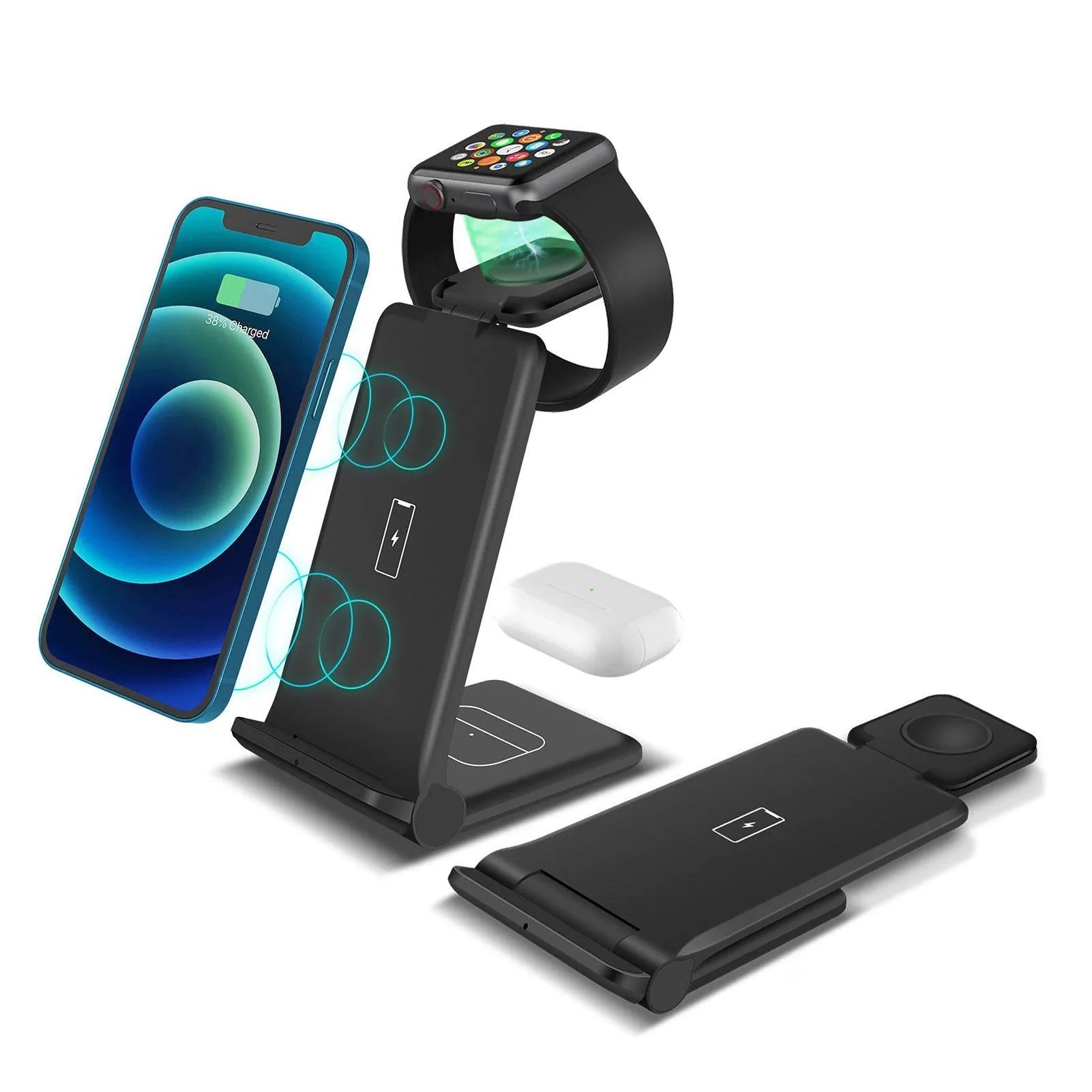 White 3-in-1 wireless charging station showing iPhone, Apple Watch, and AirPods charging simultaneously