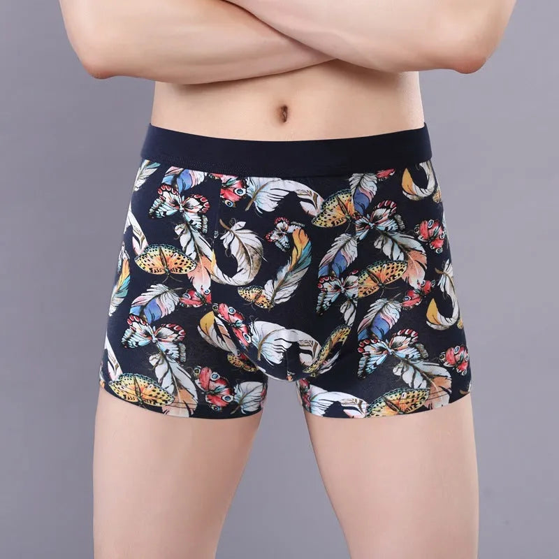Purified cotton men's boxer briefs with a U-shaped convex design in a floral colour pattern.
