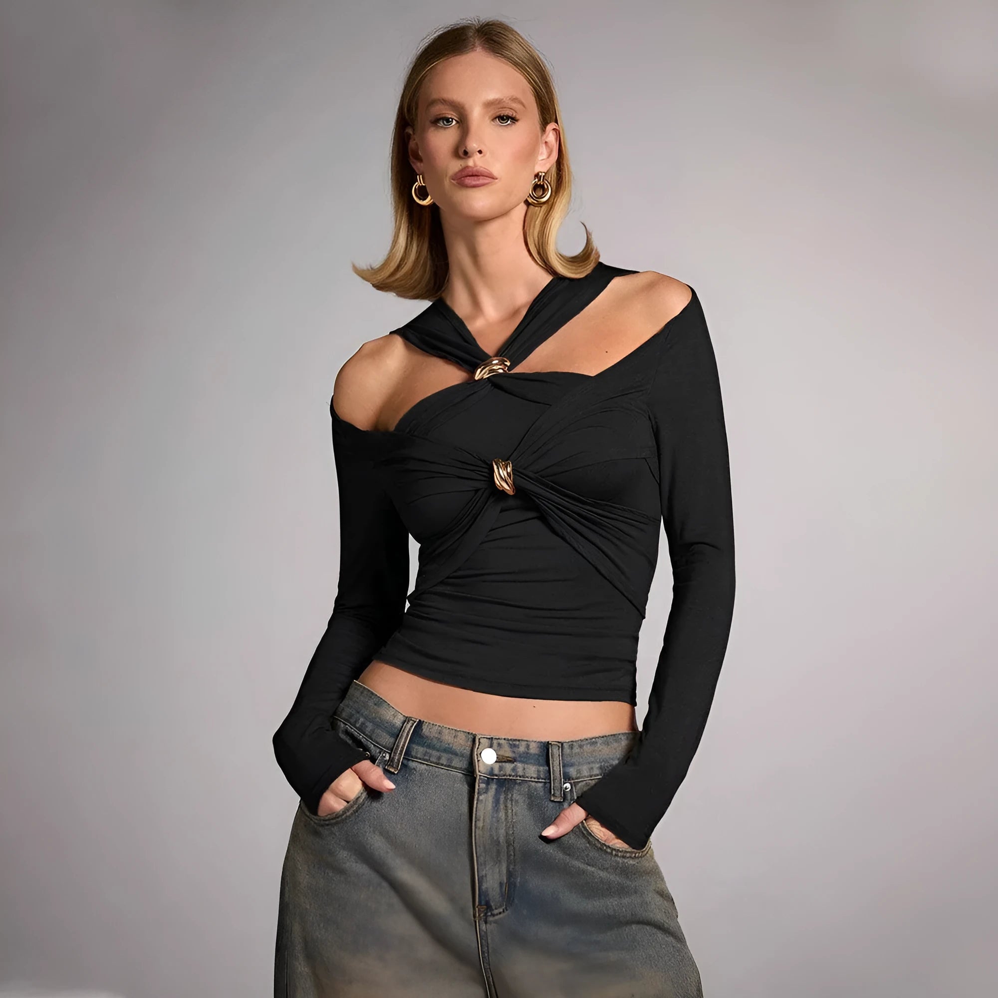 Black women's halter top with slim fit, 40cm length, and long sleeves