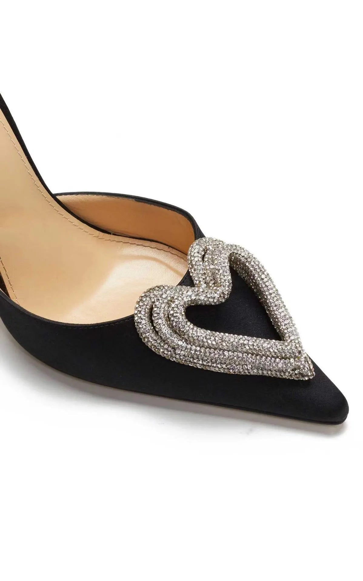 Women's pink satin sandals with a heart-shaped rhinestone and adjustable ankle straps.
