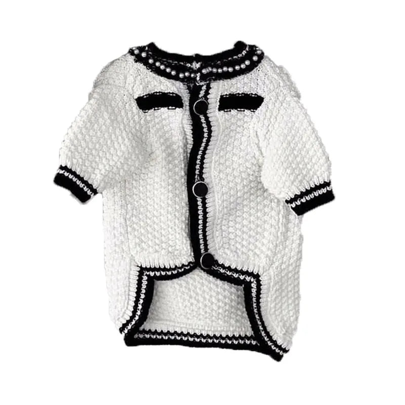 Korean style white dog sweater with pearl collar on small dog showing Princess cut design