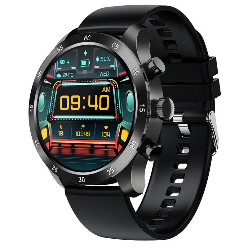 Black Bluetooth smart watch with steel strap on wrist, showing call and health tracking display