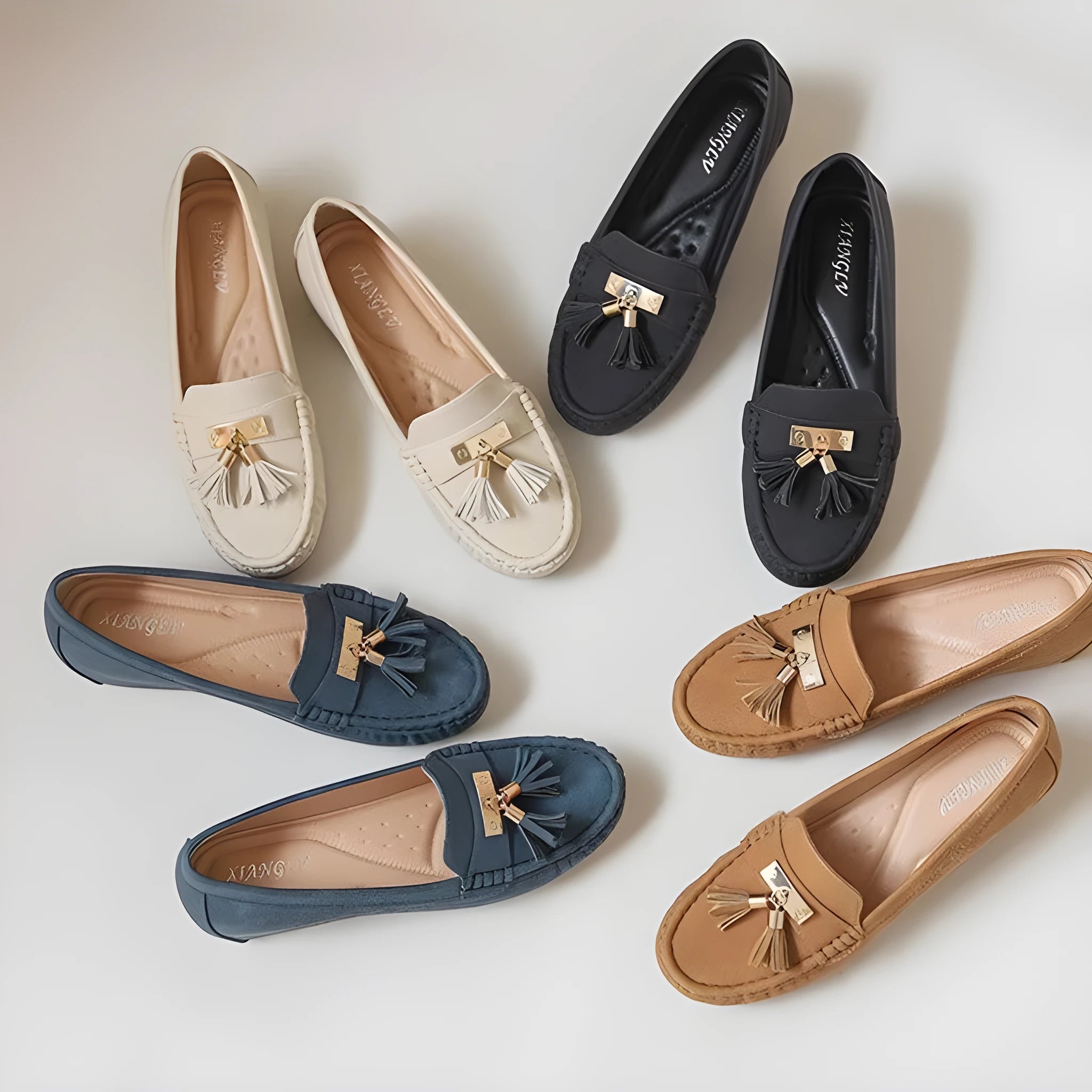 Flat heel height increasing insole shoe in milky white colour with round toe and slip-on design
