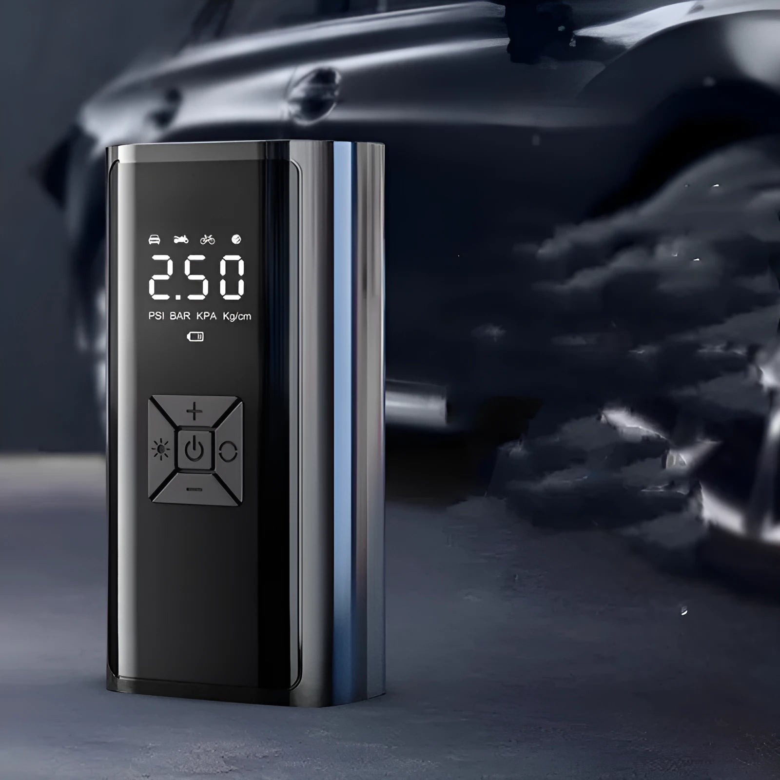 Portable wireless digital display car tyre pump with pressure gauge and USB port