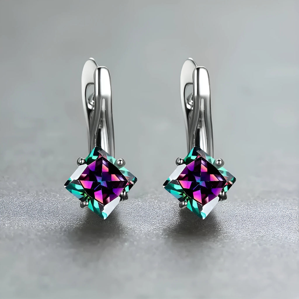 Women's copper earrings with diamond design and zircon stones in blue, colour, and green variations