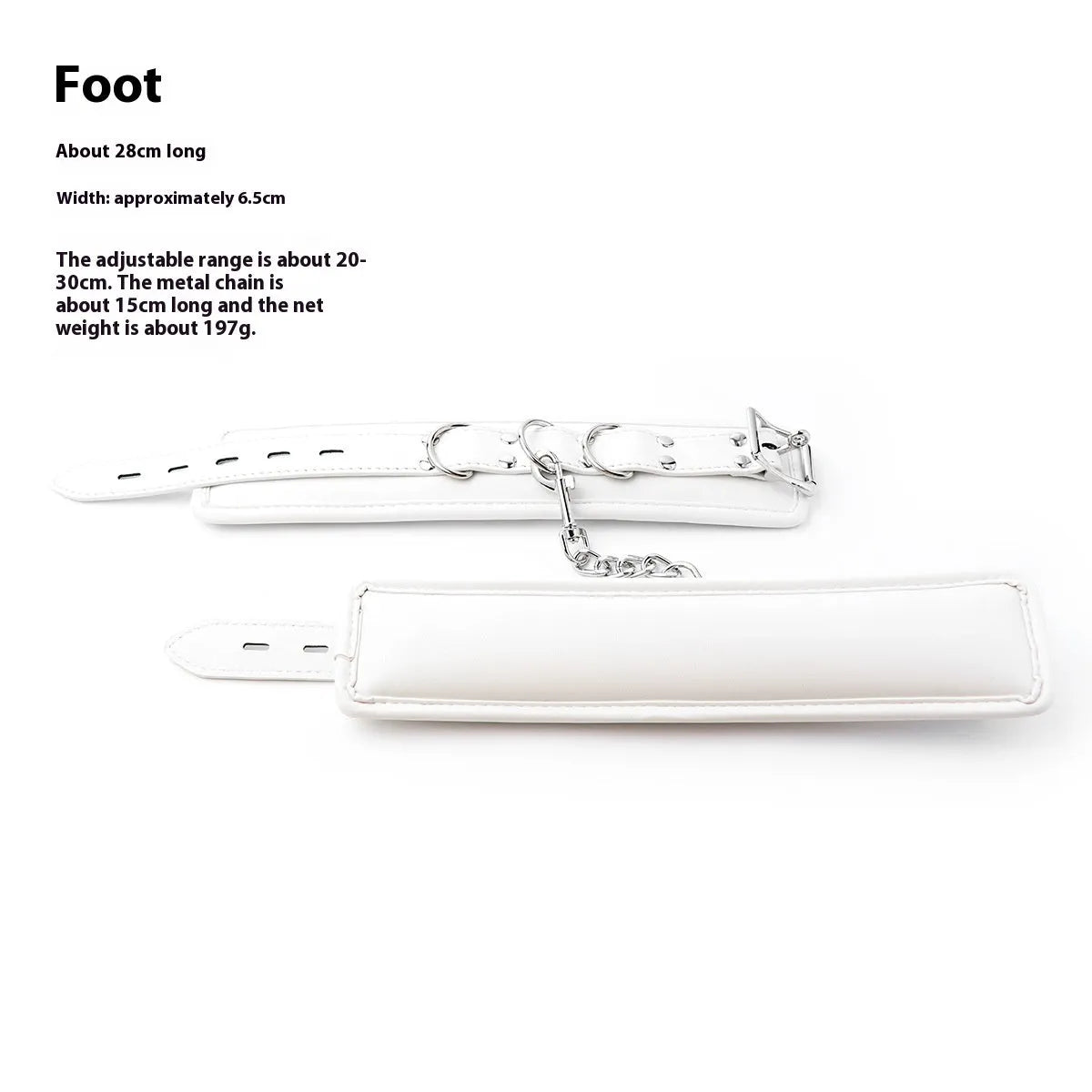White PU sponge bondage restraint set showing handcuffs, foot cuffs, and a neck cuff on a neutral background.
