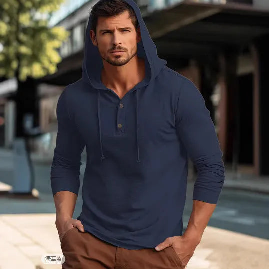 Casual cotton pullover hoodie in multiple colours, showing long sleeves and hood, sized for European and American fit.