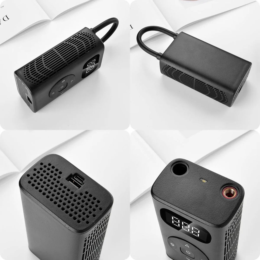 Black portable tyre inflator with digital display and 16cm inflatable tube for car motorcycle bicycle