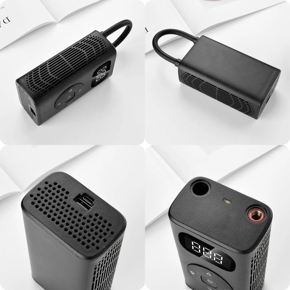 Black portable tyre inflator with digital display and 16cm inflatable tube for car motorcycle bicycle