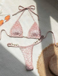 Women's polyester spandex swimwear bikini set with T-shaped pearl leopard pattern in multiple colour options