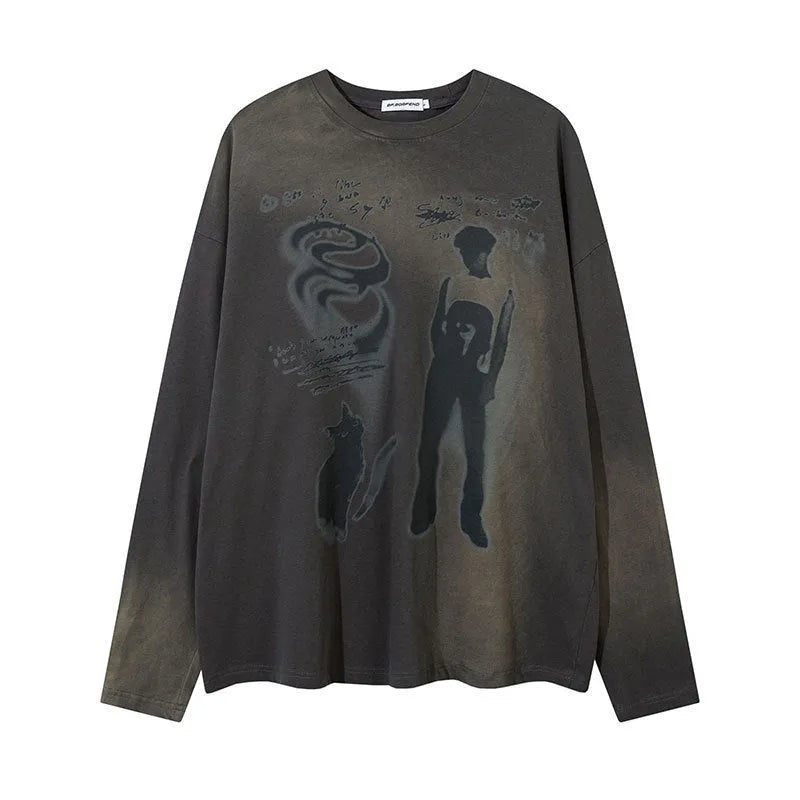 Women's loose fit cotton pullover top with drop shoulder design and letter pattern in dark grey