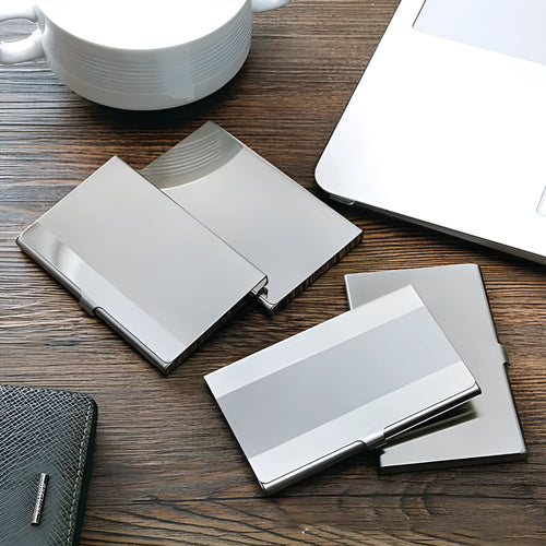 304 stainless steel geometric business card case with laser sculpture detailing