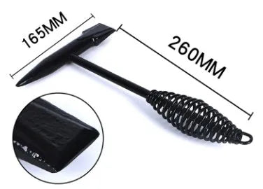High carbon steel welding hammer with a spring steel handle for slag and rust removal.
