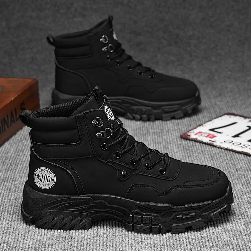 Men's black and yellow Martin boots with PU upper and injection moulded sole