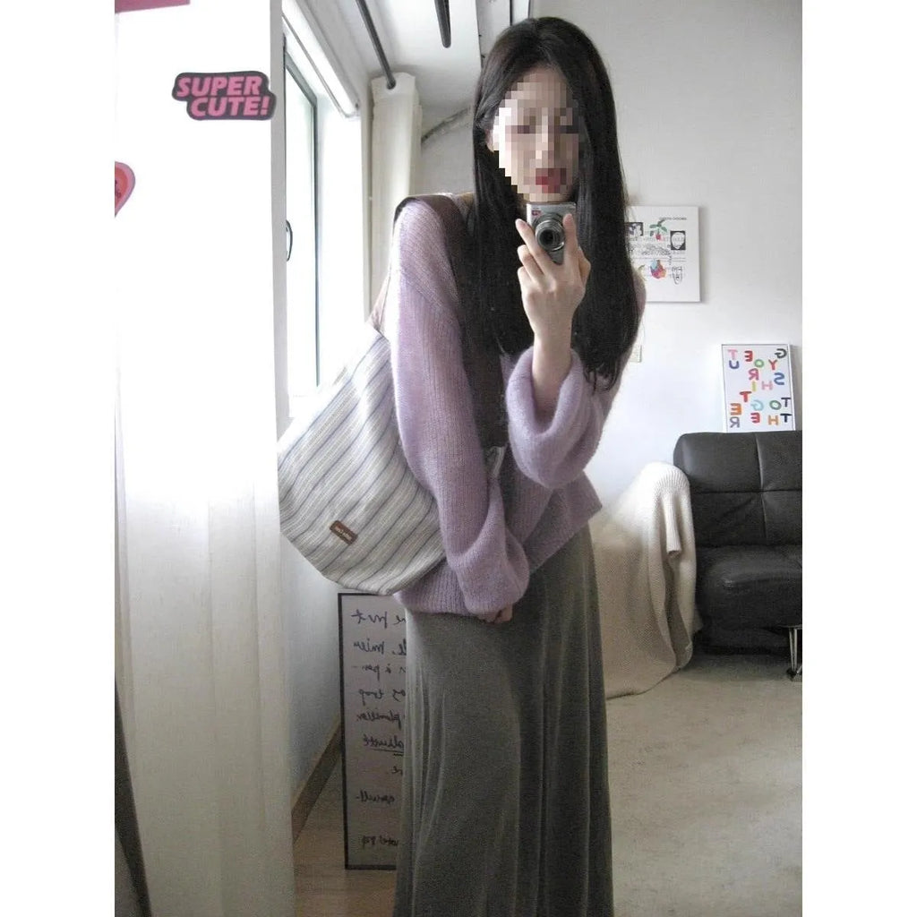 Purple ice silk blouse with round neck, princess sleeves, and hollow-out design details
