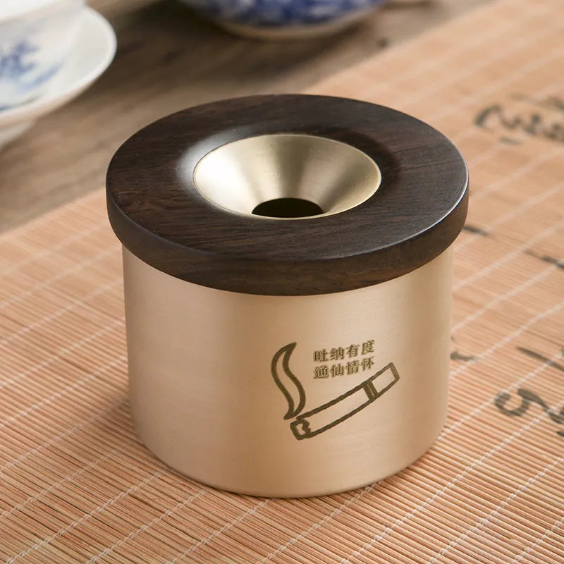 Brass retro ashtray with wooden lid featuring centre hole, made from solid copper for living room use