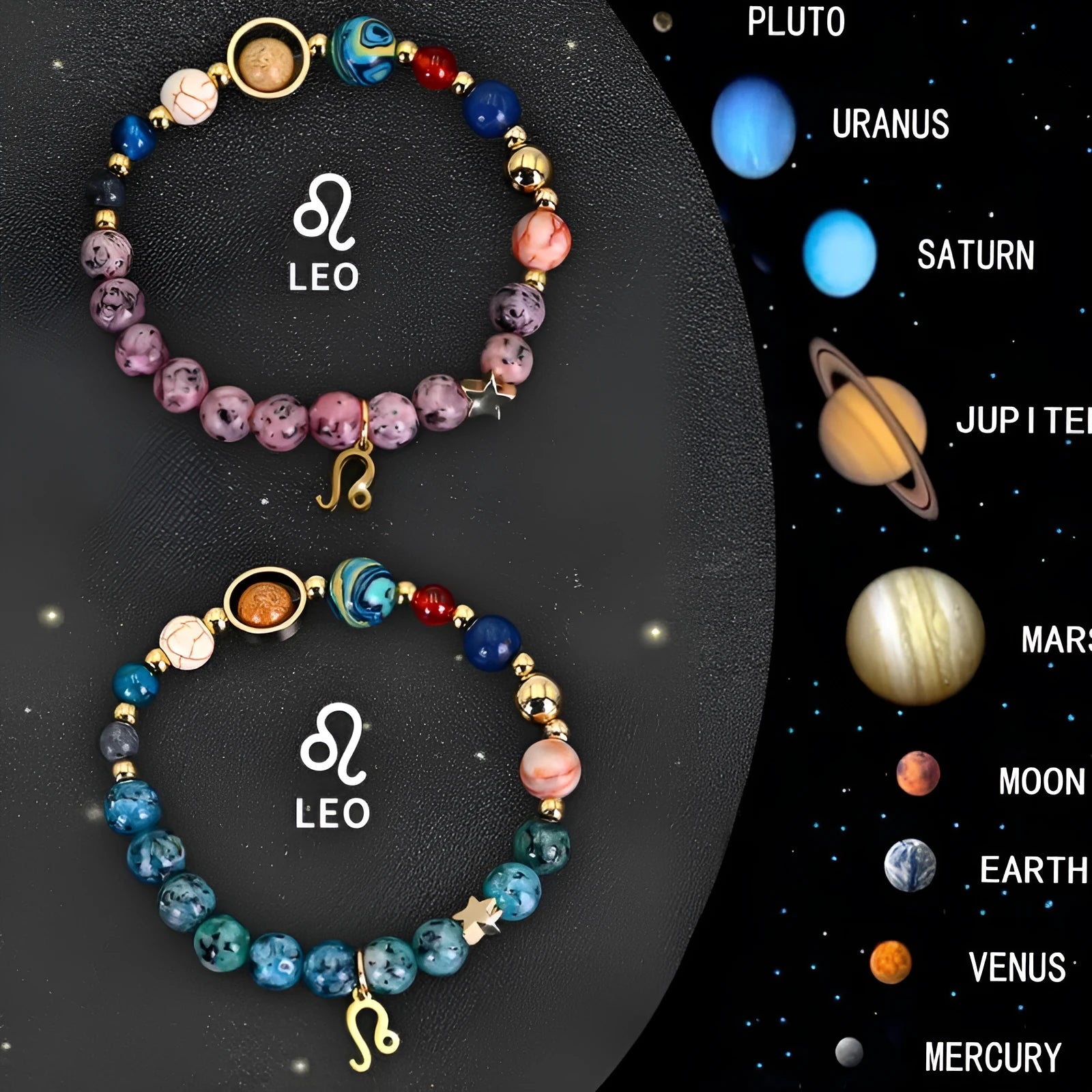 Two natural stone beaded bracelets for zodiac signs, showing textured beads and adjustable fit.