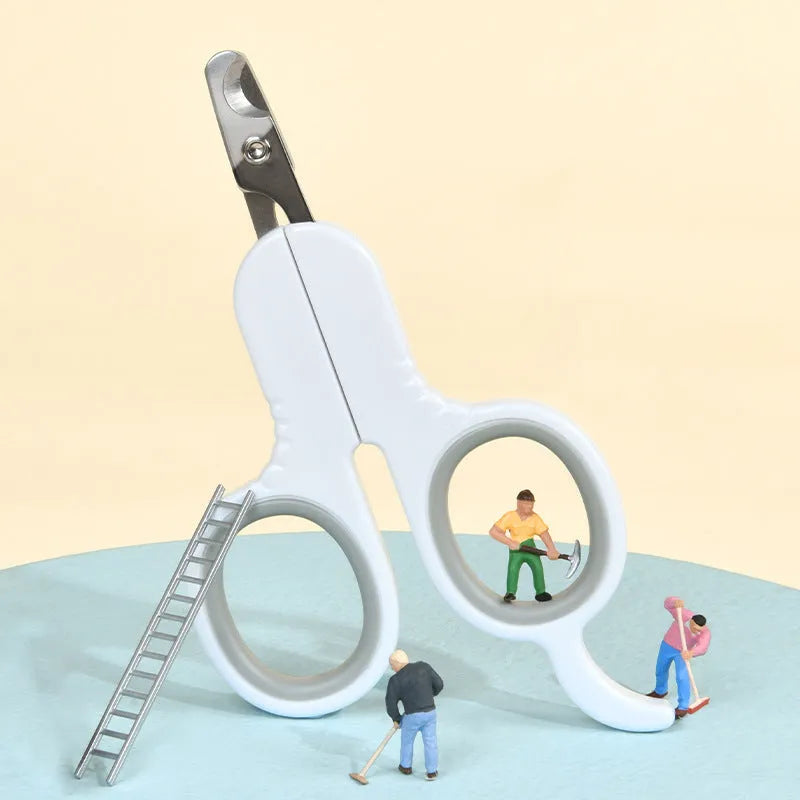 Professional grey and pink pet nail clippers with curved tips and rubber-coated handle