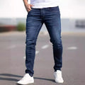 Men's dark blue slim jeans with medium elastic cotton fabric and skinny leg style