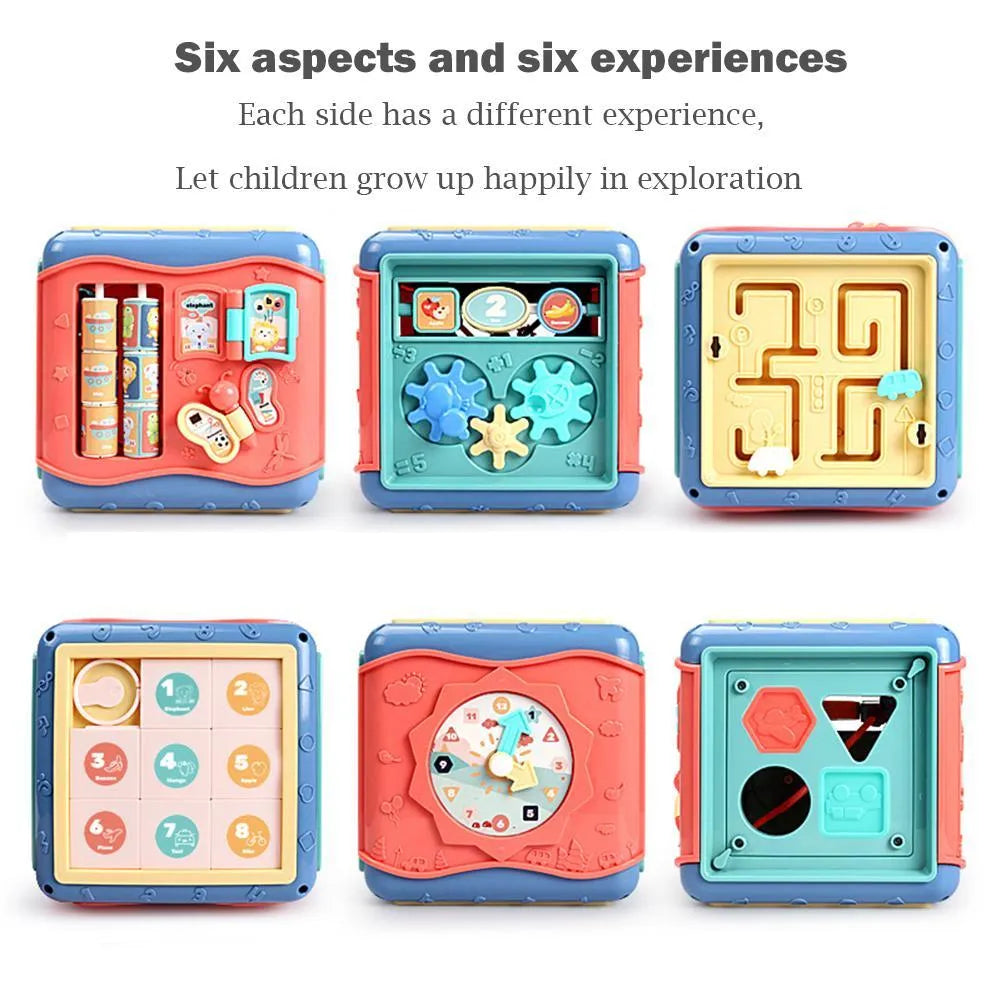 Six-sided baby hexahedron educational toy cube with bead maze and gears in multiple colours
