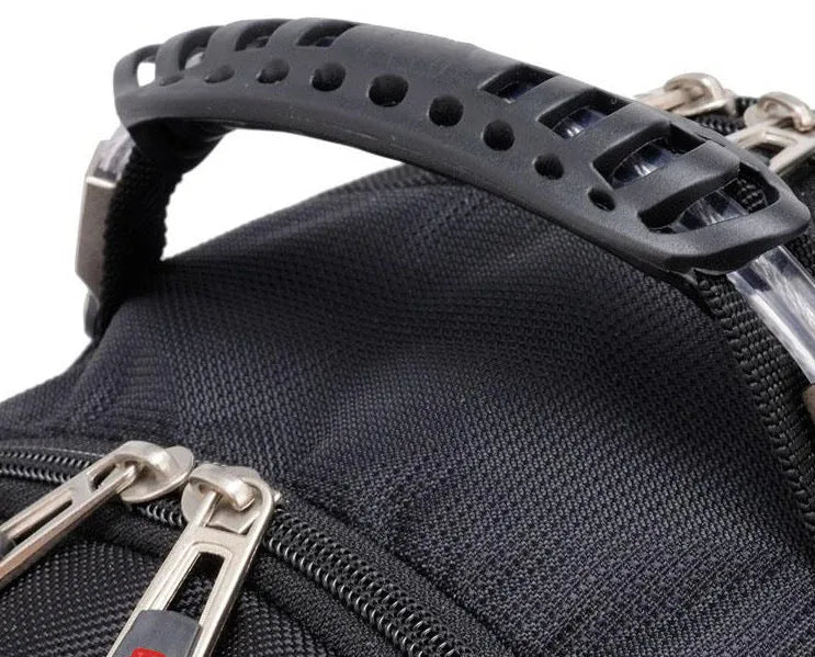 Black business computer backpack showing three compartments, open to reveal laptop sleeve and organiser pockets.