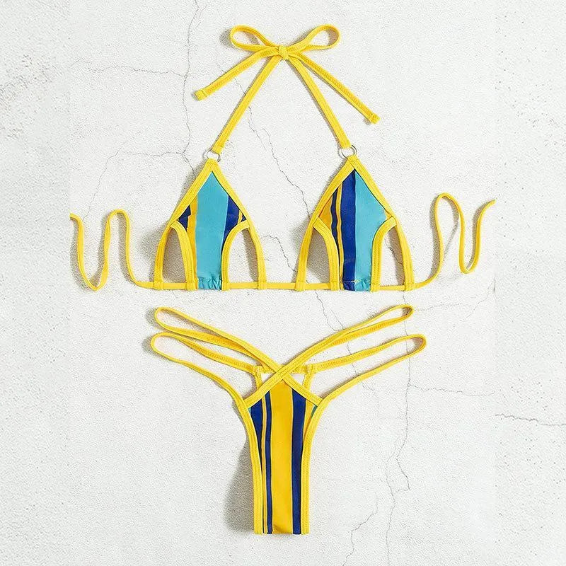 Yellow women's one-piece split swimsuit with neck-hanging style and high-waist backless design