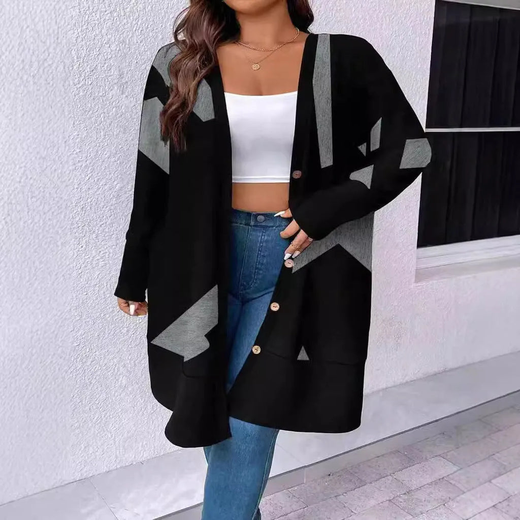 Black loose plus size knit cardigan coat with button front and printing detail.