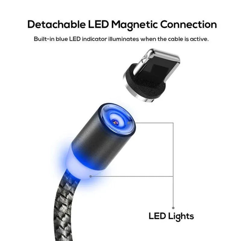 Magnetic charging cable with aluminium shell and three interchangeable plugs for iPhone Android Type-C
