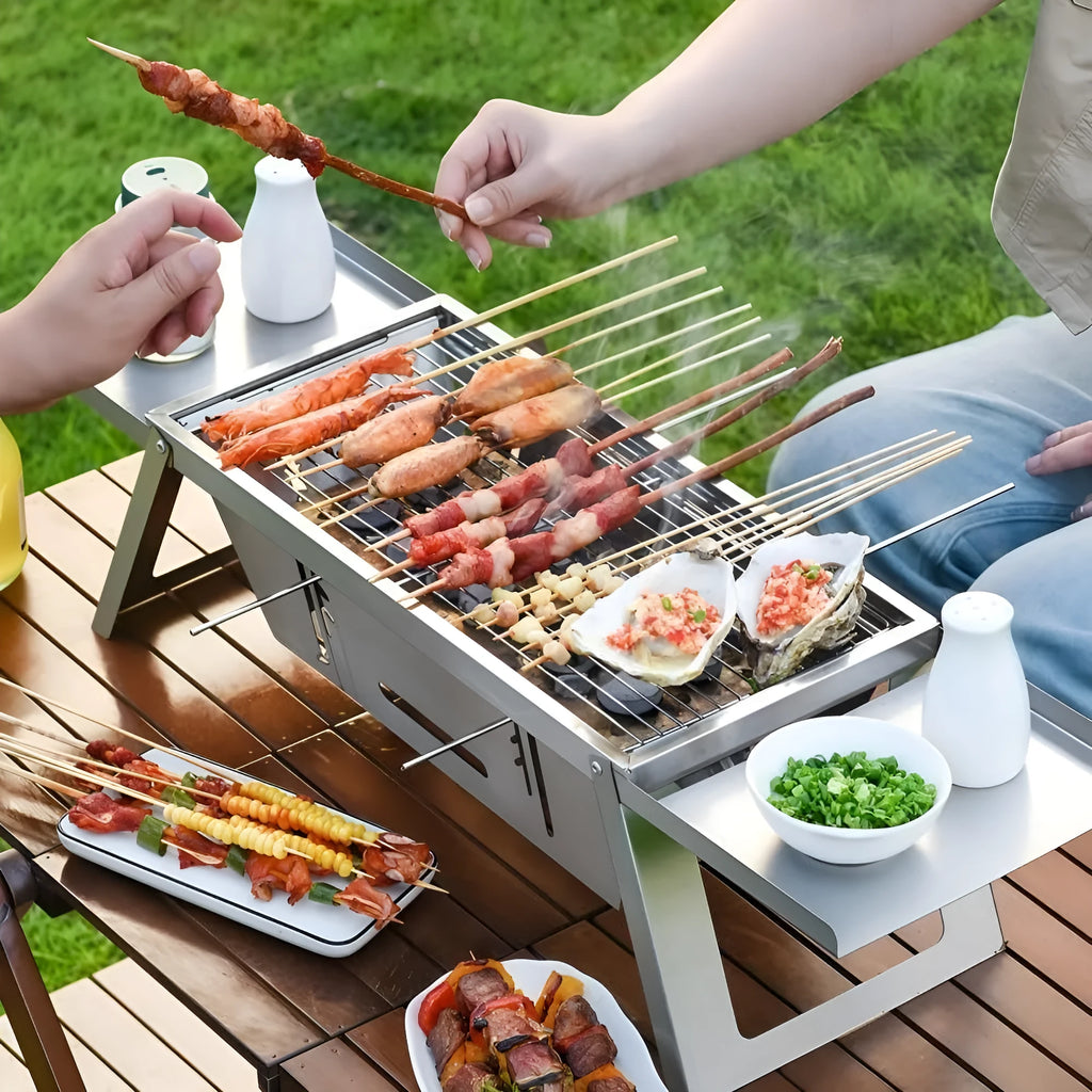 Small foldable portable charcoal grill for outdoor camping and picnics