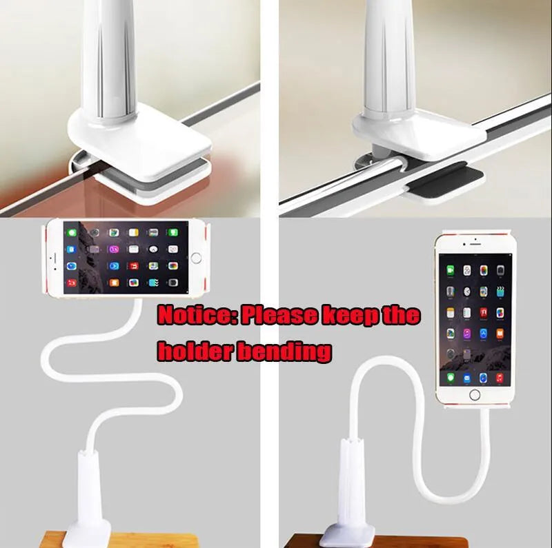 Black oversize flat panel bedside phone holder with long flexible aluminium arm on a table
