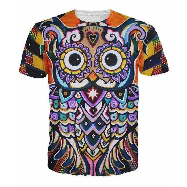 3D printed psychedelic animation owl t-shirt for men and women, O-neck summer top in multiple sizes S-6XL