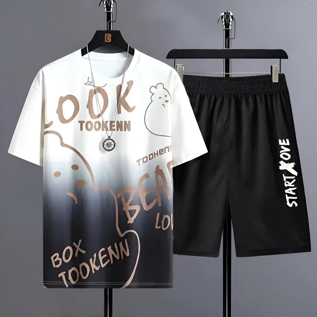 Men's summer sportswear set with short sleeve t-shirt and matching shorts