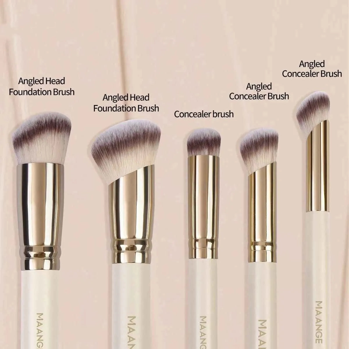 MAANGE five-piece angled blush brush set with apricot handles for powder and cream makeup application