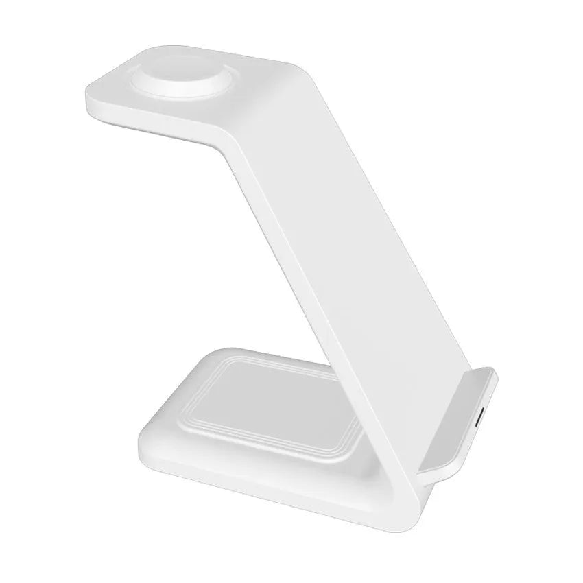 White 3-in-1 wireless charger stand with upright phone holder and dual-coil charging pad