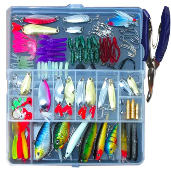 132-piece rose red fishing lure set in open case showing soft baits and hooks.