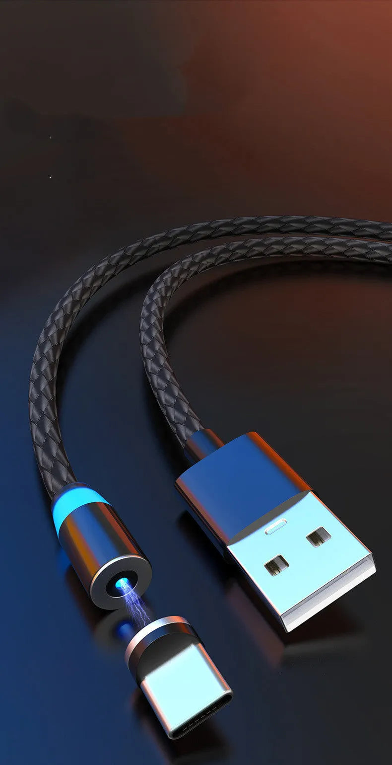 Magnetic charging cable with breathing light indicator showing Apple, Android and USB-C compatibility