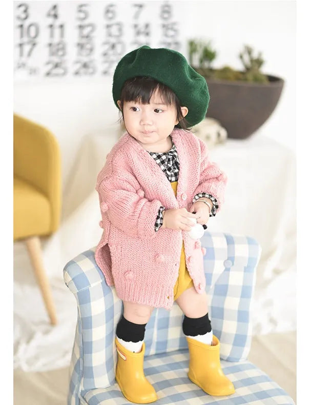 baby girl sweater in pink, brown, or yellow knit, sizes 73 to 100 cm
