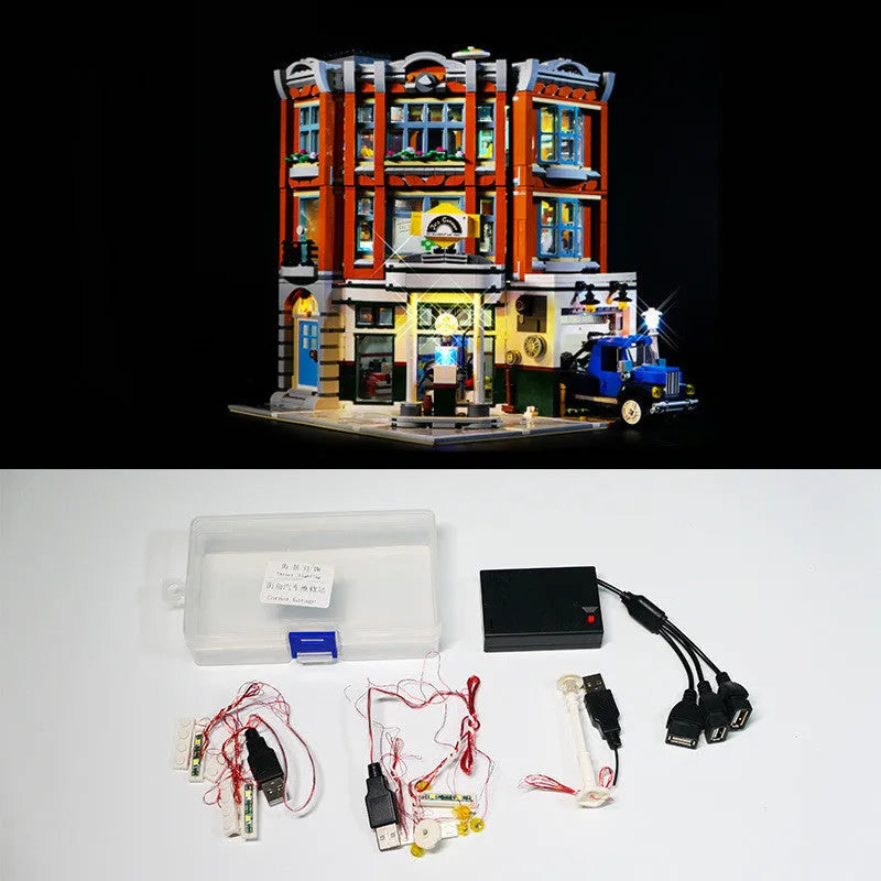 Plastic MOC model LED lighting accessories kit for building a lit corner repair shop scene.